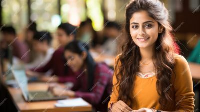 Successful Indian female student with group of college students at ...